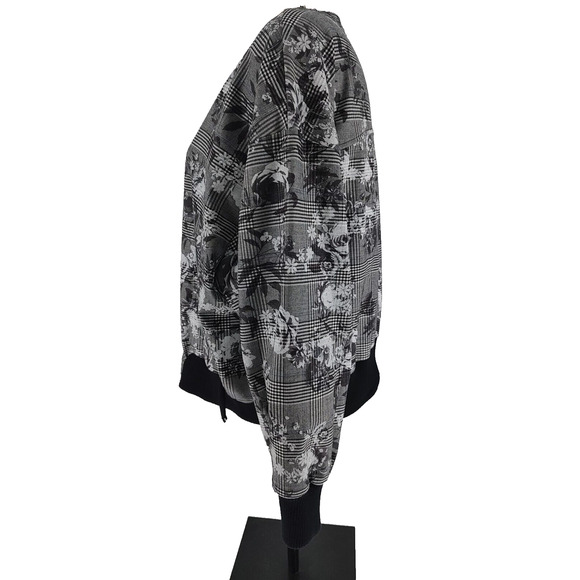 Rachel Roy Woman's Grey Full Zip Bomber Jacket Size 2X Plaid Floral Pockets Edgy - Picture 2 of 11